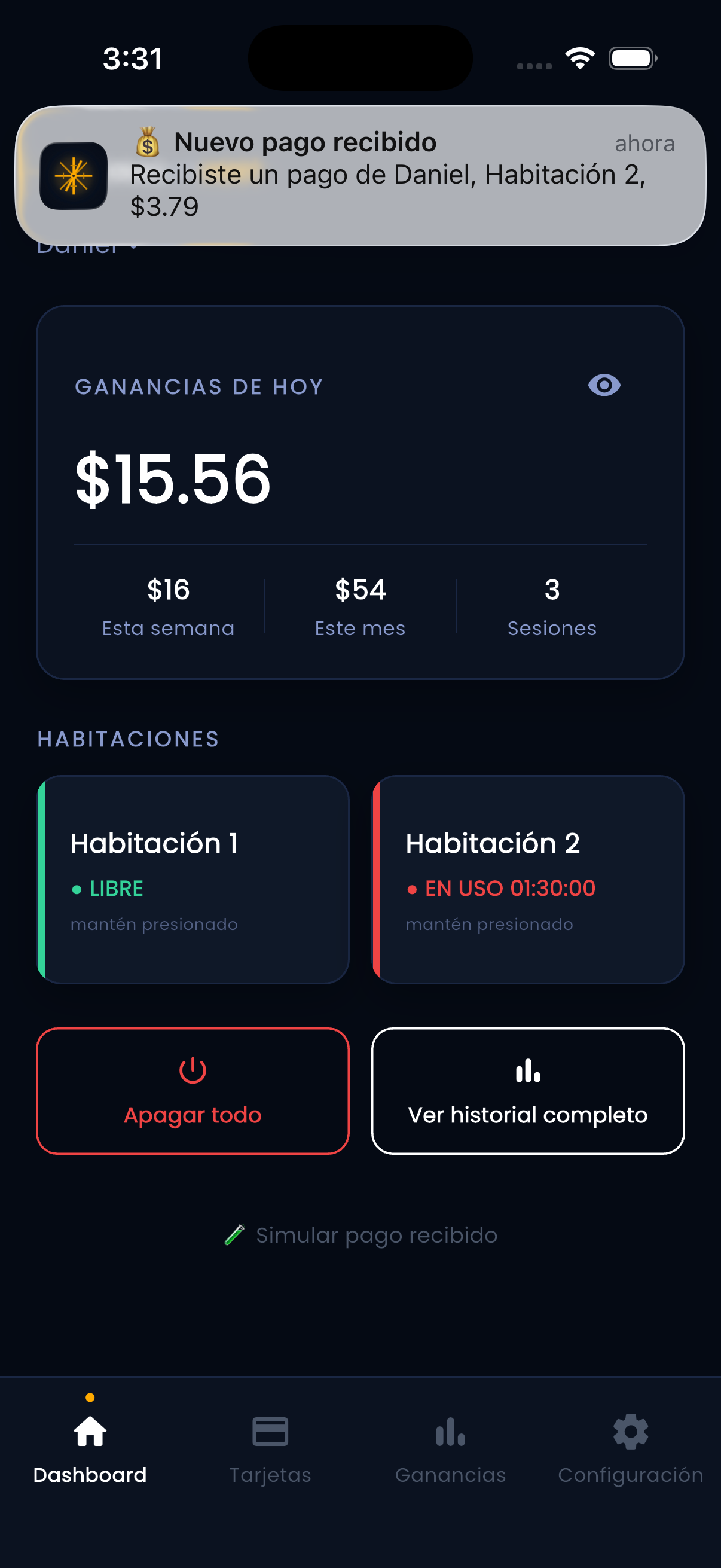 Panel DRACAIRHOST — ganancias y habitaciones en tiempo real